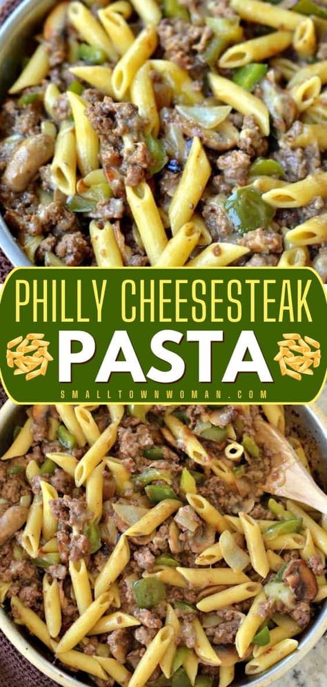 Always a family favorite dinner! Loaded with ground beef, vegetables, and creamy cheese, this philly cheesesteak pasta recipe is delicious and filling. Plus, this easy pasta dish is ready in just 30 minutes! Philly Cheesesteak Pasta, Cheesesteak Pasta, Quick Pasta Dishes, Quick Family Dinners, Steak Pasta, Pasta Easy, Pasta Penne, Quick Pasta, Family Dishes