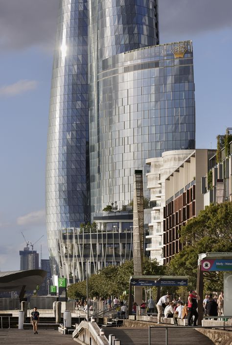 Designed by WilkinsonEyre following an international design competition in 2013, Crown Sydney at One Barangaroo is located on the waterfront in a newly regenerated site on the foreshore of Sydney Harbour. The 275-metre tower and podium which marks the northwest corner of the city’s main Central Business District comprises a luxury resort hotel with 349 hotel rooms and suites, waterfront restaurants, cafés, bars and high-end shops, together with 76 luxury residential apartments above. Luxury Resort Hotels, Waterfront Restaurant, Central Business District, Residential Apartments, Sydney Harbour, International Design, Business District, Architecture Inspiration, Hotel Rooms