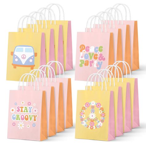 PRICES MAY VARY. THE PACKAGE INCLUDES: 16Pcs groovy paper gift bags with handle in four different designs, each type for 4Pcs, they will offer sufficient quantity and delicate design to meet your various needs of daily use and party favor. GROOVY DESIGN: Our party favor bags featuring retro boho groovy theme, patterned with flowers, school bus and peace sign, printed with the words of stay groovy and peace love & party, vivid and pastel, will nicely increase the fun atmosphere. PREMIUM QUALITY: Peace Love Party, Groovy Theme, Groovy Party, School Wedding, Groovy Design, Stay Groovy, Love Party, Hippy Chic, Baby Shower Party Supplies