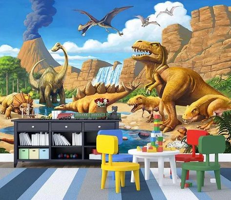 3D Yellow Sand Dinosaur 230 | AJ Wallpaper Boys Bedroom Wallpaper, Childrens Bedroom Wallpaper, Dinosaur Wallpaper, Waterfall Wall, Cartoon Dinosaur, Prehistoric Animals, Japan Design, Paper Wallpaper, Wallpaper Bedroom