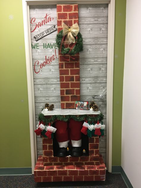 Santa In Chimney Door Decoration, Crazy Christmas Door Decorations, Santa Chimney Door Decoration, Christmas Door Wrapping Ideas, Chimney Door Decoration, Door Decor Christmas Contest, Fireplace Door Decoration Christmas, Christmas Decor Ideas For Classroom Wall, Christmas Door Fireplace