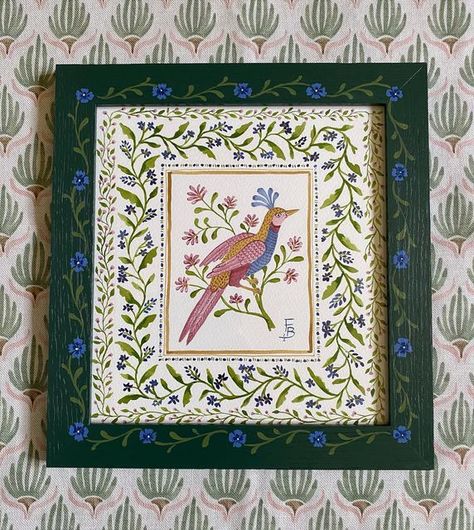 Framed Drawings On Wall, Hand Painted Border Designs, Felicity Buchanan Designs, Hand Painted Picture Frame, Hand Painted Frames Diy, Indian Frame, Vintage Hand Painted Furniture, Painted Photo Frames, Watercolour Bird