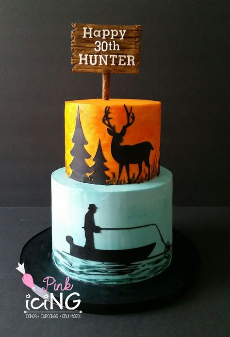 Hunting Fishing themed cake Pink Icing LLC Fishing Theme Cake, Fishing Cakes, Hunting Birthday Cakes, 40th Birthday Cakes For Men, Birthday Cake For Men, Camping Cake, Camo Cake, Hunting Birthday Party, Fish Cake Birthday