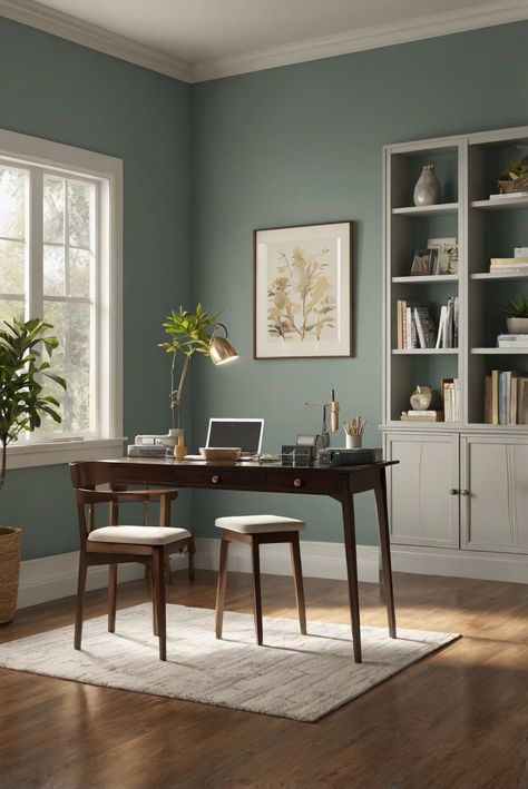 Dive into the daily routine of interior design with the soothing Calm OC-22 wall paint color, creating serene spaces for a tranquil atmosphere in 2024. #Ad #homedecor #homedesign #trendgirlApartment #Painthome #interiorarchitecture Wall Colors Green Room Colors Bright Room office Colors Apartment Renovation Home office Remodeling Modern Paint Colors 2024 Office Space Paint Colors, Family Room Accent Wall Paint Colors, Wall Colors For Office, Blue Office Paint Colors, Green Office Paint, Home Office Wall Paint, Home Office Colors Paint, Home Office Paint Colors 2024, Small Office Color Ideas Paint