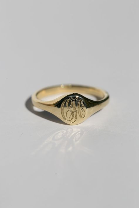 A classic hand engraved monogram ring. Solid 14k recycled gold. Signet face is 7.8mm round, and tapers to a 2.2mm band. 1-2 letters of your choosing engraved into the face. If you would like diamonds or other small birthstones inlaid into the ring, contact us here with the special request. This ring is made to order, please allow 3-4 weeks for delivery. Pinky Signet Ring, Fall Rings, Customizable Jewelry, Monogram Ring, Signet Rings, Family Jewels, Gold Signet Ring, Pinky Ring, Recycled Gold