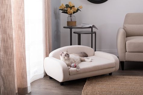 This luxurious upholstered cat sofa by FelinEva is certainly a favorite of the French maid in the video. Watch her fondle it gently, quietly, as if she herself was a cat, a cat in fishnet stockings… Stylish Dog Beds, French Dog, Cat Couch, Cat Hotel, Pet Sofa Bed, Pet Couches, Sofa Manufacturers, Diy Dog Bed, Pet Sofa