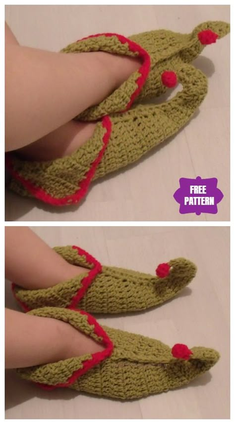 Crochet Elf Slippers with Curled Toes Free Crochet Patterns Crochet Elf Slippers Free Pattern, Elf Shoes Pattern, Crochet Elf Slippers, Santa Shoes, Crochet Boots Pattern, Crochet Curls, Crochet Elf, Elf Slippers, Crochet Project Free