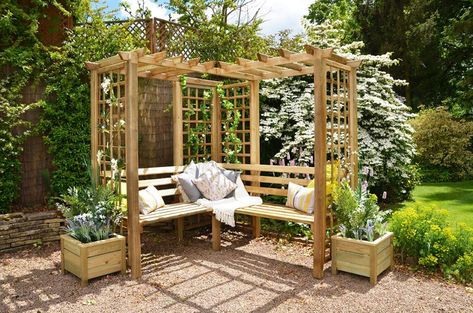 Wooden Arbour, Corner Arbour, Wooden Garden Seats, Garden Ideas Uk, Corner Pergola, Wooden Arbor, White Pergola, Arbor Ideas, Cheap Pergola