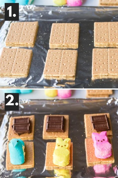 Peeps S'mores are a delicious Easter smores recipe. Made with graham crackers, Peeps, and chocolate. Easter approved easy dessert. This is a great option for using up Peeps out of the Easter basket or you can buy extra Peeps to have on hand. This is a simple dessert. Easter Smores With Peeps, Peeps Smores Easter, Peep Smores, Peeps Smores, Easter Smores, Peeps Dessert, Smores Dip Recipe, Oven Smores, Smores Snacks