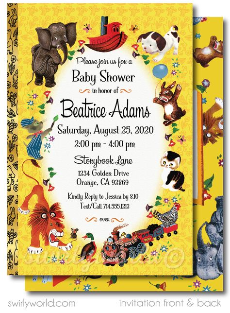 Printed Vintage Little Golden Book Baby Shower Invitations - swirly-world-design Vintage Baby Shower Theme, Golden Book Baby Shower, Book Baby Shower Invitation, Storybook Theme, Storybook Baby Shower, Vintage Baby Shower, 1st Birthday Party Invitations, Golden Books, 1st Birthday Invitation