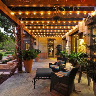 11 Great Deck & Patio Decorating Ideas: Patio Furniture, Lighting and Planters - ePlanters Pergola Outdoor, Backyard Patio Deck, Covered Patio Design, Balkon Decor, Cheap Pergola, Pergola Swing, Outdoor Patio Designs, Patio String Lights, Pergola Lighting