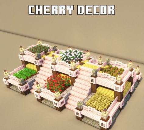 Cherry Wood Farm Minecraft, Cherry Decor Minecraft, Cherry Blossom Dock Minecraft, Minecraft Cherry Blossom Stairs, Cherry Blossom Storage Room Minecraft, Minecraft Community Ideas, Cherry Blossom House Ideas Minecraft, Minecraft Cute Decorations, Cherry Blossom Decor Minecraft