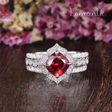 3ct Ruby Art Deco Engagement Ring Set Half Eternity Wedding Ring 7mm Cushion Cut Ruby Diamond Ring Bridal Set July Birthstone Ring Milgrain here is the wedding band: https://www.etsy.com/listing/1485564424/ ❥ Product Information ❥ Width: about 1.6-2mm * Center Stone  Metal Type:lab ruby stone(Color D-E-F, Clarity VVS) Shaped: Cushion Cut Size: 7mm * Side Stone  Metal Type: Colorless Moissanite or lab-grown diamond Weight: Approx 0.5ct ❥ENGRAVING❥ Up to 25 letters  --------------------------- ❥PAYMENT PLANS❥ The first payment is starting at $100, then the rest payment can be divided into several payments. Total payment period is 3 months.  Just let me know your idea and I can make you a listing for the layaway.  ---------------------------- ❥PERSONALIZED ORDER❥ The answer is YES! Message an Ruby Jewelry Ring, Art Deco Engagement Ring Set, Eternity Wedding Ring, July Birthstone Ring, Ruby Diamond Ring, Ruby Diamond Rings, Art Deco Engagement, Deco Engagement Ring, Ruby Stone