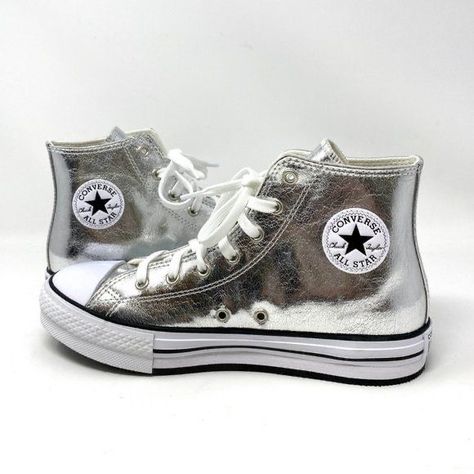 Silver Converse Outfit, Converse Socks, Sparkly Converse, Silver Converse, Converse Aesthetic, Leather Converse, Sneakers And Socks, Girls Converse, Silver Sneakers