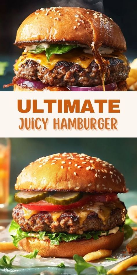 These Juicy Burgers are a must-try for burger lovers! 🍔🔥 Made with perfectly seasoned, juicy beef patties, they are sure to impress anyone at your next BBQ or family dinner. Customize with your favorite toppings and serve with fries for a meal that will leave everyone satisfied.  📌 Save this pin and try these juicy burgers for your next cookout! #JuicyBurgers #GrillRecipes #BBQIdeas #FamilyMeals #BurgerLovers #DeliciousDinners Best Juicy Burger Recipe, Juicy Hamburger Recipe, Sliders Recipes Hamburger, Juicy Burger Recipe, Homemade Burger Patties, Gourmet Hamburgers, Homemade Hamburger Patties, Best Homemade Burgers, Gourmet Burgers Recipes