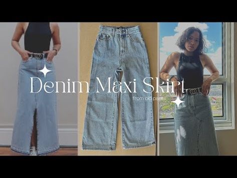 Making Pants Into A Skirt, Make A Denim Skirt From Jeans, Upcycle Jeans Skirt Maxi, Jeans Pants To Skirt, Jean Skirt Made Out Of Old Jeans, How To Make A Long Denim Skirt Out Of Jeans, Making A Denim Skirt From Jeans, Trousers To Skirt Diy, How To Make A Skirt From Pants