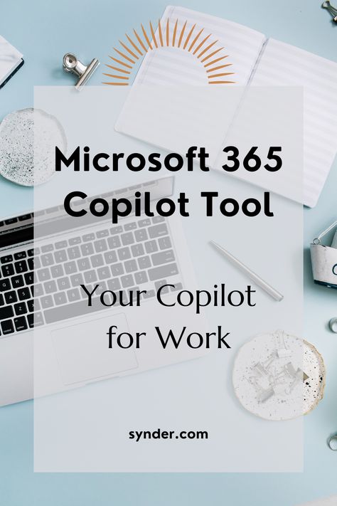 Laptop on a light blue background. The supporting text: Microsoft 365 Copilot Tool, Your Copilot for Work One Note Microsoft, Microsoft Project, Accounting Firms, Computer Skills, Office 365, Improve Productivity, March 2023, Magic Wand, Microsoft Office