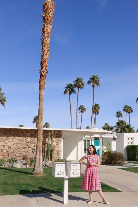 Travel Blogger Jordan Gassner smiling while wearing a vintage dress in front of Alice and Jack's Home from Don't Worry Darling Palm Springs Itinerary, Dont Worry Darling, Palm Springs Travel, Palm Springs Aesthetic, Don't Worry Darling, California Travel Guide, California Trip, Desert Travel, California Desert