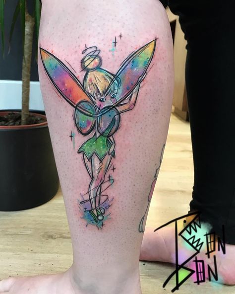 Tinkerbell Tattoo Watercolor, Tiny Tinkerbell Tattoo Ideas, Magic Carpet Tattoo, Disney Watercolor Tattoo, Tinkerbell Tattoo, Harry Potter Tattoo Sleeve, Tinker Bell Tattoo, Disney Inspired Tattoos, Guitar Lamp