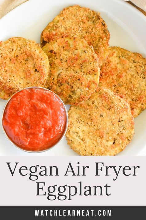 If you're a fan of crispy breaded eggplant, then you'll love this air fryer eggplant. This recipe is easy to make in just minutes with less oil than deep frying or pan frying. It's also vegan-friendly and can easily be made gluten-free with just one swap! Perfect as is, with a side of marinara, or make it Parmesan-style. Frozen Cauliflower Recipes, Air Fryer Recipes Eggplant, Eggplant Vegan, Fried Eggplant Recipes, Vegan Eggplant Recipes, Air Fryer Eggplant, Breaded Eggplant, Vegan Air Fryer, Vegan Eggplant Parmesan