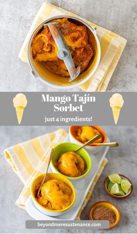 Have you tried tajín (chile lime seasoning)? If you're a fan of tajín and fresh mango, you're going to love this easy Mango Tajín Sorbet! With just 4 ingredients, and your ice cream freezer, your active time is just 10 minutes. You'll love the kick from the tajín with the fresh mangoes.  It's a delightful, frozen summer treat! #BeyondMereSustenance #MangoTajínSorbet #SorbetRecipes #FrozenDesserts #FreshMangoRecipes #TajínRecipes Mango Tajin, Tajin Recipes, Lime Seasoning, Sorbet Recipe, Frozen Summer, Ice Cream Freezer, Frozen Dessert Recipe, Mango Sorbet, Easy Chinese Recipes