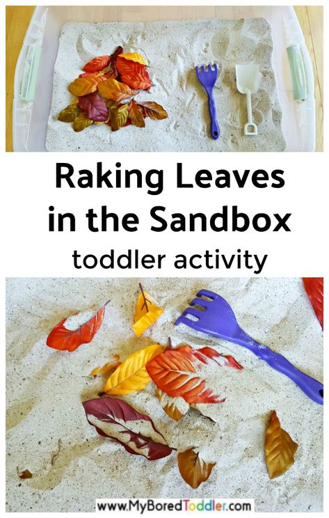 Autumn leaves in the sandbox fall toddler activity - a fun and easy toddler Fall or Autumn sensory play activity #fall #autumn #toddlers #toddleractivity #myboredtoddler #sandpit #sand #sensorybin #sensoryplay Autumn Sand Tray Ideas, Sensory Autumn Activities, Leaves Eyfs Activities, Autumn Eyfs Activities Toddlers, Autumn Sensory Play, Fall Gross Motor Activities For Toddlers, Sandbox Activities, Autumn Activities For Toddlers, Autumn Sensory Bin