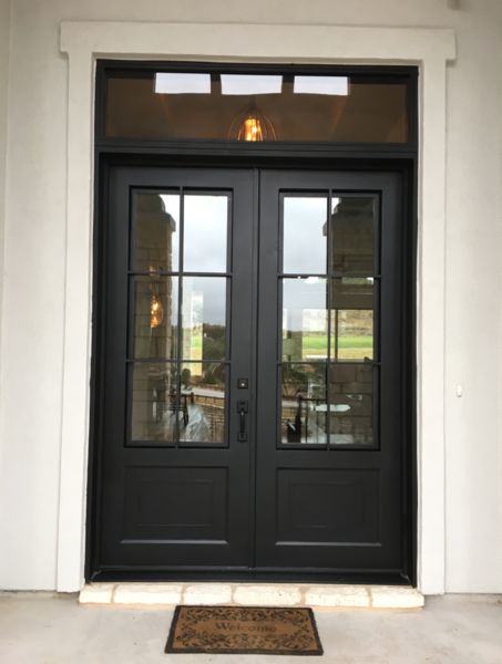 Classic - DD - ST - Transom - Durango Doors Double Door With Transom Entryway, All Glass Double Front Doors, Modern Classic Front Door, Exterior Double Doors Entryway, Koto Cabin, Double Front Doors With Glass Panels, Black Front Door Ideas, Classic Front Door, Door With Transom