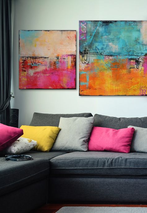 Colorful Abstract Art Series "Urban Poetry I & II" by Erin Ashley. These incredible matching abstract pieces brighten up the living room. Abstract artwork works great to offset rooms with existing modern or traditional elements, and to add a visually stimulating focus to the room via @greatbigcanvas Urban Poetry, Soyut Sanat Tabloları, Colorful Abstract Art, Art Series, A Living Room, Art Abstrait, 그림 그리기, Abstract Art Painting, Painting Inspiration