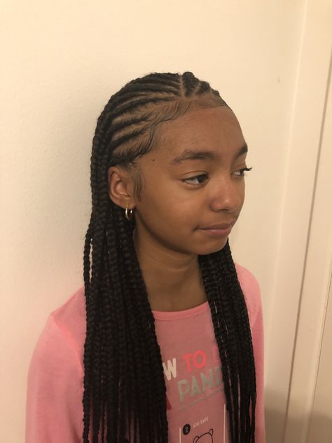 2 layer feed in / box braids by @beautyhairinla on instagram #cornrows #boxbraids Cornrow In The Front Singles In The Back, 2 Layer Cornrows Braids, Simple Feed In Braid Styles, Cornrows In The Front Box Braids In Back, Feed In Box Braids, 3 Layer Feed In Braids, 2 Layer Feed In Braids, Layer Braids, Layer Feed