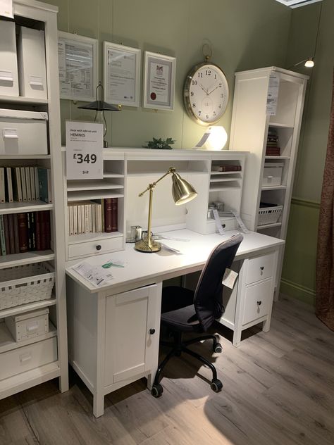 Hemnes Desk Ideas, Ikea Hemnes Desk, Hemnes Desk, Ikea Study, Ikea White Desk, Luxurious Home Office, Productive Home Office, Elegant Home Office, Home Office Closet