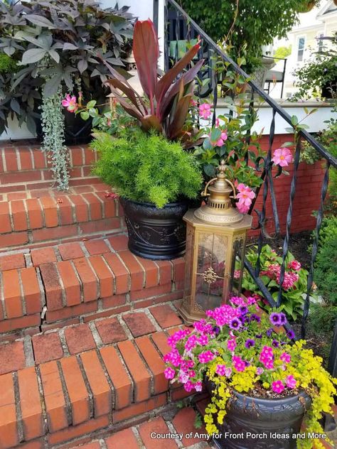 Porch Step Decor, Front Steps Flower Pots, Porch Steps Decor, Front Porch Steps Ideas Entrance Brick, Brick Steps With Planters, Front Porch Steps Decor Potted Plants, Steps Across Entire Front Porch, Steps Leading To Front Door, Front Porch Stairs