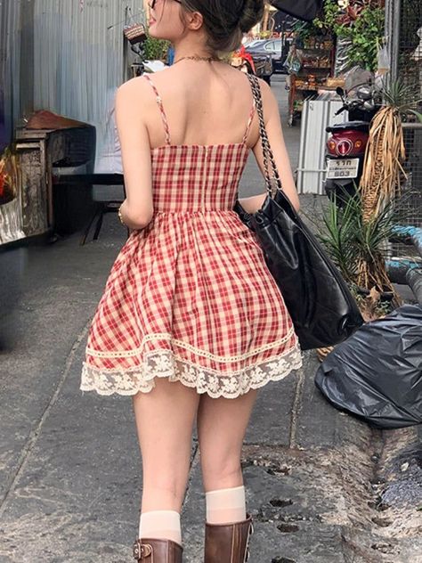 Red Plaid France Vintage Dress - Kawaii Elegant Party Dress#RedMiniDress #Fashion #OutfitIdea #Style #RedDress #SummerFashion #RedOutfit Plaid Mini Dress, Vintage Party Dresses, Party Mini Dress, Dress Korean, Suspenders For Women, French Dress, France Vintage, Vintage Elegance, Korean Dress