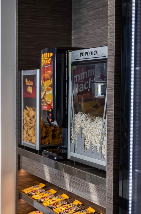 Mini Cinema Room Ideas, Dream Movie Theater, I’m Home Movie Theater, Basement Movie Theater On A Budget, Home Theater Popcorn Station, Game Room Snack Bar Ideas, Cosy Cinema Room, Home Theatre Snack Bar, Movie Theater In House