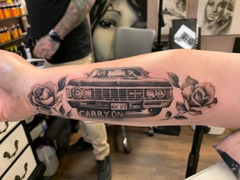 Supernatural Car Tattoo, Dashboard Confessional Tattoo, Supernatural Impala Tattoo, Supernatural Nails Designs, Supernatural Inspired Tattoos, Supernatural Tattoo Ideas, Spn Tattoo, Supernatural Tattoos, Supernatural Nails