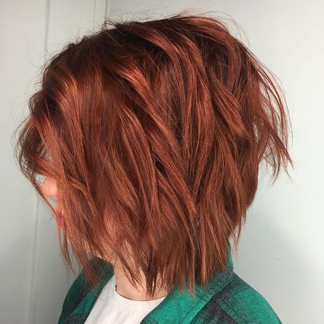 #21: Shaggy Bright Copper Red Bob Copper Red Bob, Short Auburn Hair, Short Textured Hair, Red Copper Hair Color, Copper Red Hair, Red Bob, Shades Of Red Hair, Short Shag Haircuts, Cute Hair Colors