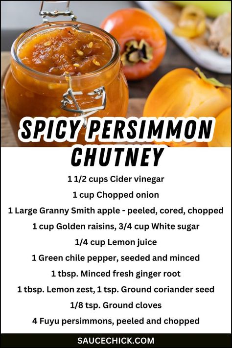 Unleash the Persimmon Spice Symphony with our Spicy Persimmon Chutney recipe. Immerse yourself in the harmonious blend of ripe persimmons, chili spice, and aromatic seasonings, creating a chutney that adds a melody of flavors to your dishes. Elevate your culinary creations and savor the symphony of spice with each bite. #PersimmonSpiceSymphony #SpicyChutneyMelody #CulinaryElevation Spicy Chutney Recipe, Persimmon Recipes, Chili Spices, Hot Sauce Recipes, Chutney Recipe, Roasted Meat, Chutney Recipes, Creamy Garlic, Cheese Platters