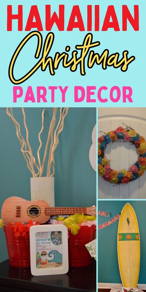 Aloha Christmas Decorations, Christmas Luau Party Ideas, Hawaiian Christmas Party, Hawaiian Christmas Decorations, Luau Christmas, Christmas Luau, Beach Christmas Party, Tropical Christmas Decorations, Christmas In July Party