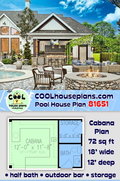 This Cabana Plan (72 sq ft) is a small footprint at only 18' wide by 12' deep, and it has all the outdoor comforts that you need for a day outside by the pool. Serve up lunch, snacks, and drinks with ease at the cabana kitchen and bar. Lots of cabinets and counter space make entertaining a breeze. Inside, the half bath saves your main house from having wet footprints tracked inside. The storage room measures 5'5 by 5'6, and it will keep all of your pool paraphernalia organized and close at hand. Poolside Structures, Pool Cabana With Bathroom, Cabana Plans, Pool Side Cabana, Pool House Bathroom Ideas, Pool House Layout, Pool Cabana Plans, Tennis Court Backyard, Pool House Cabana