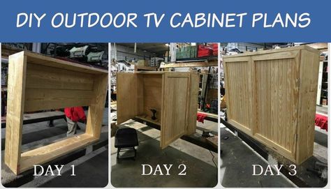 outdoor tv cabinets Diy Outdoor Tv Enclosure, Diy Outdoor Movie Screen, Outdoor Tv Enclosure, Outdoor Tv Cabinet, Pallet Patio Furniture Diy, Tv Enclosure, Diy Outdoor Fireplace, Diy Hot Tub, Patio Steps