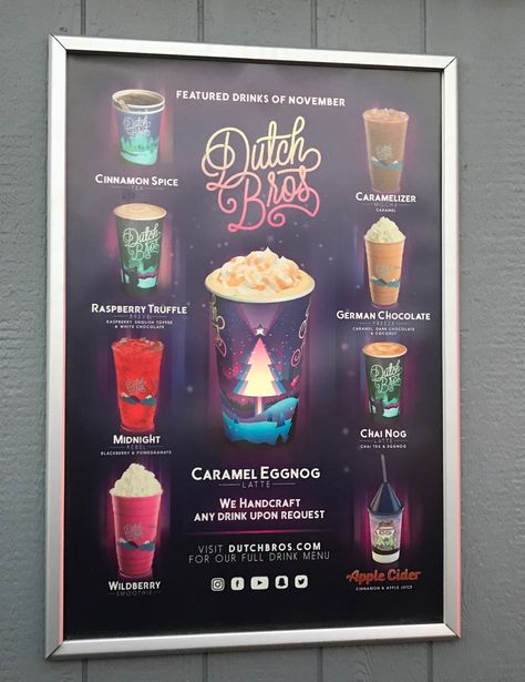 Dutch Bros Christmas Drinks, Dutch Drinks, Dutch Brothers, Eggnog Latte, Dutch Bros Drinks, Dutch Bros, Shakes Drinks, Coffee Obsession, Secret Menu