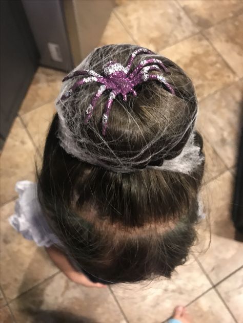 Halloween hair idea. Basic bun with spider web and spider attached. Fun hair ideas. Spider Bun Hair, Spider Crazy Hair Day, Crazy Hair Day Halloween Ideas, Halloween Hair Ideas For Kids, Toddler Halloween Hair, Kids Halloween Hairstyles, Halloween Hair For Kids, Halloween Crazy Hair Day Ideas, Halloween Hair Kids