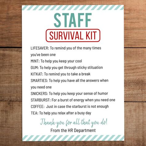 Editable Staff Survival Kit card for employee appreciation week or for any day of the year. Edit list easily and instantly on Corjl's online editing tool. Try before you buy. Copy and paste the link below: https://www.corjl.com/d/O1BCH Staff Survival Kit, Employee Appreciation Week, Kit Gift Ideas, Pastor Wife, Survival Kit Gifts, Survival Kit For Teachers, Photography Mini Sessions, Employee Appreciation Gifts, Staff Appreciation