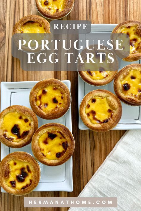 Create bakery-style Portuguese Egg Tarts at home with this easy and authentic recipe. These creamy, custard-filled tarts with a flaky, golden crust are the perfect dessert or snack. Learn the secrets to achieving that signature caramelized top and buttery layers. Ideal for brunch, holidays, or anytime you want a sweet treat. Save this recipe and bring a taste of Portugal to your kitchen! Egg Custard Tart Recipe, Custard Tarts Recipe, Portuguese Egg Tart, Dim Sum Recipes, Custard Tart, Egg Custard, Pastry Shells, Tart Shells, Custard Filling