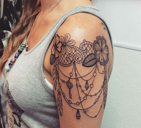 Lace Shoulder Tattoo, Lace Sleeve Tattoos, Chandelier Tattoo, Lace Tattoo Design, Inspiration Tattoos, Lace Tattoo, Shoulder Tattoos For Women, Top Tattoos, Henna Tattoos