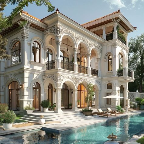 Modern Baroque House Exterior, Castle Type Houses, Balcony Drainage, Luxurious Mansion, Loft House Design, Glamour Decor, Classic House Exterior, Small House Design Exterior, Building House Plans Designs