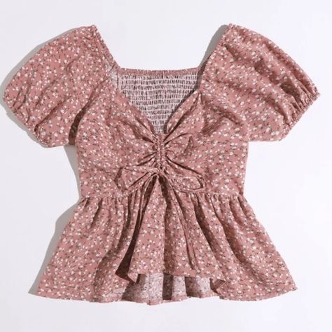 Pastel Pink Top With Floral Pattern Ruffle Hem, Ruched, And Drawstring Puff Sleeve With Sweetheart Neckline Never Worn Simple Frocks, Trendy Dress Outfits, Fashion Tops Blouse, Trendy Fashion Tops, Quick Outfits, Fashionista Clothes, Easy Trendy Outfits, Fashion Attire, Designs For Dresses