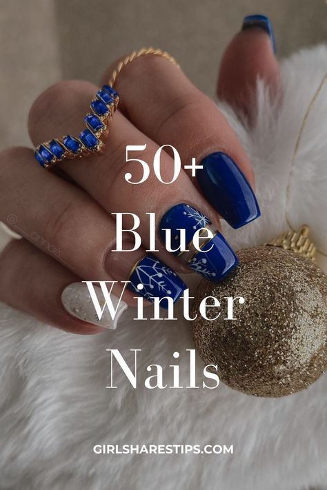 Winter Nails Blue Acrylic, Dark Blue Nails With Diamonds, Blue And Pink Winter Nails, Blue Ombre Nails With Snowflakes, Dark Blue Glitter Nails Almond, Short Acrylic Nails January, French Blue Nails Design, Blue Short Winter Nails, Dark Blue And Gray Nails