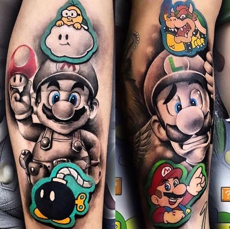 Mario Tattoo Sleeve, Super Mario Tattoo Ideas Black And White, Mario And Luigi Tattoo Ideas, Supermario Tattoos, Super Mario Bros Tattoos, Super Smash Bros Tattoo, Mario And Luigi Tattoo, Super Mario Tattoo Ideas, Mario Tattoo Design