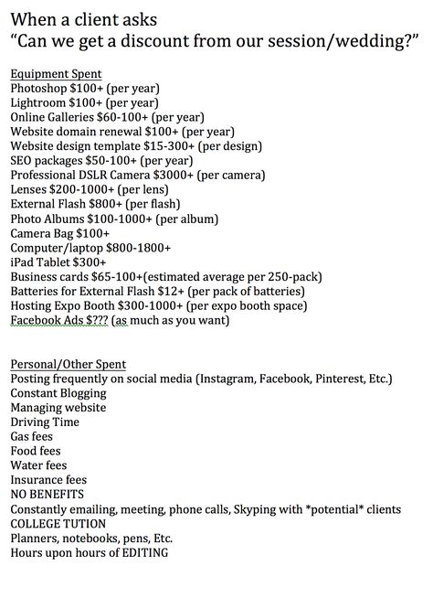 When a client asks "Can we get a discount from our session/wedding?" LOL... #photographer #meme #spent #equipment #list Photographer Quotes Funny, Photography Therapy, Photographer Meme, Photography Quotes Funny, Photography Business Forms, Photography Humor, Photography Business Plan, Photographer Quotes, Photography Learning