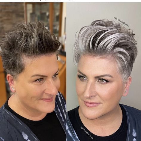 Pixie Cut With Highlights, Brunette Pixie, Gray Balayage, Grey Hair Transformation, Grey Highlights, Short Dark Hair, Transition To Gray Hair, Blending Gray Hair, Permanent Hair Dye